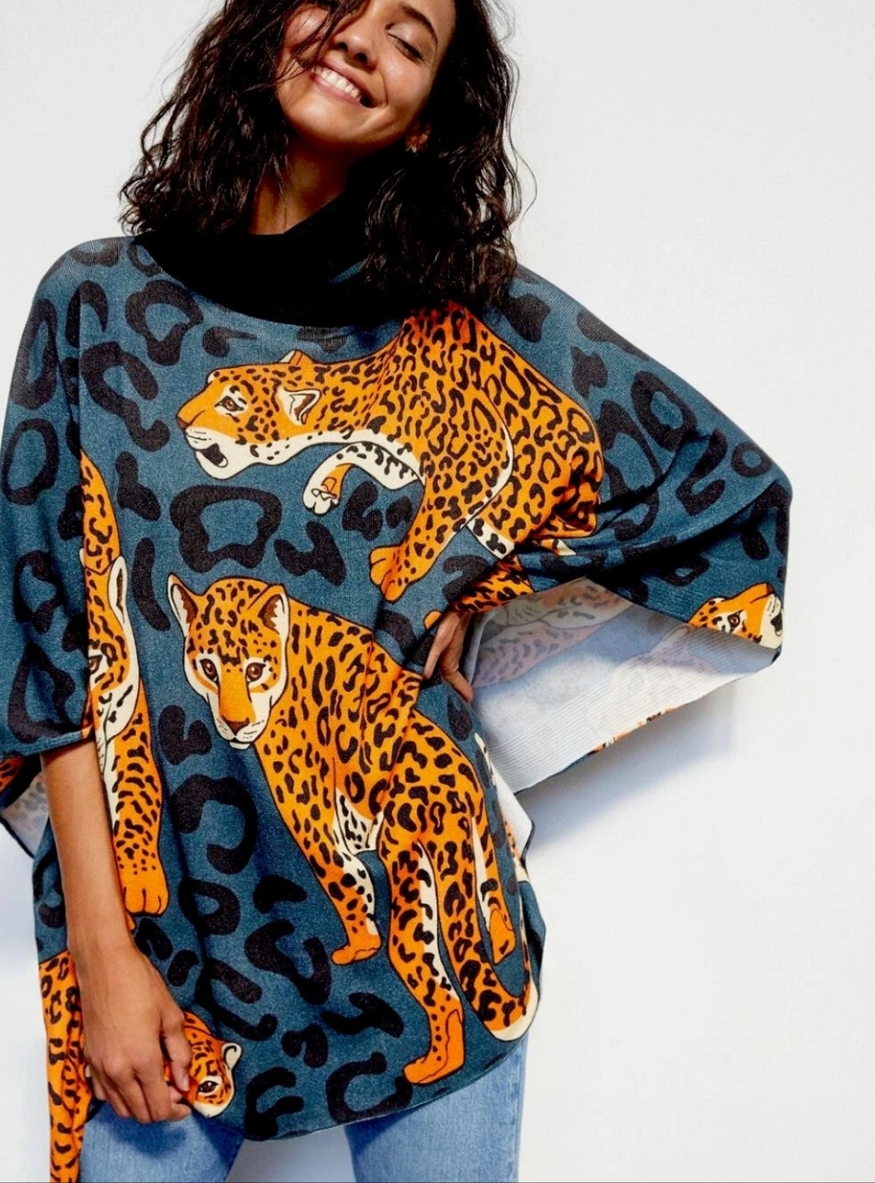 Anthropologie × Conditions Apply Leopard Cheetah Oversized Poncho Sweater XS/S